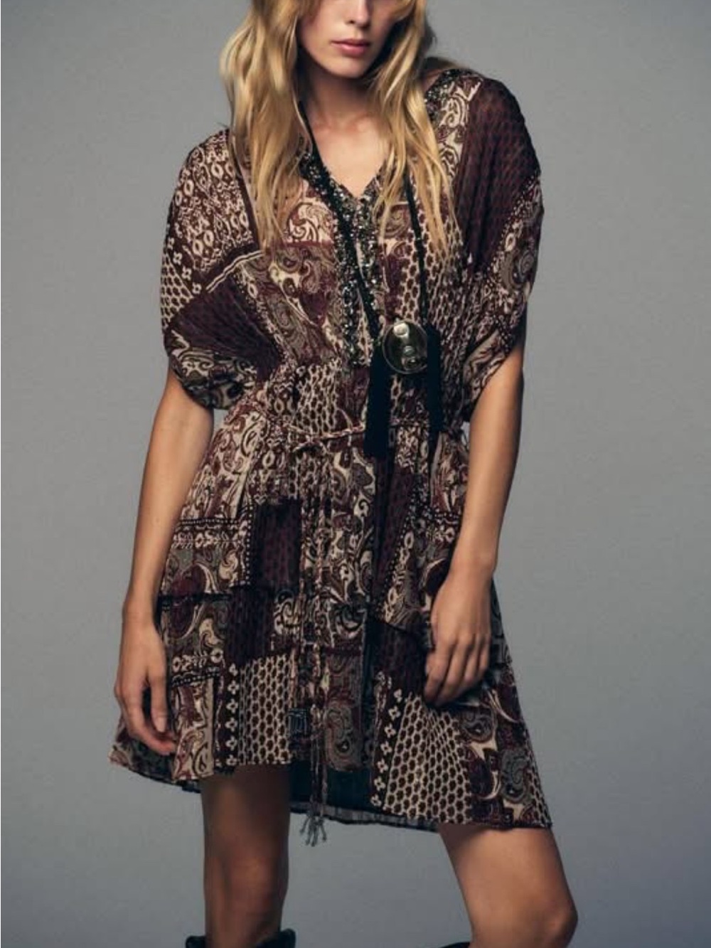 Bohemian Brown Patchwork V-Neck Women's Zara dress